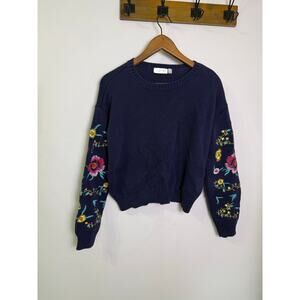 Cloth by Design Embroidered Sleeve Sweater Navy Blue Sz S Cotton Cottagecore